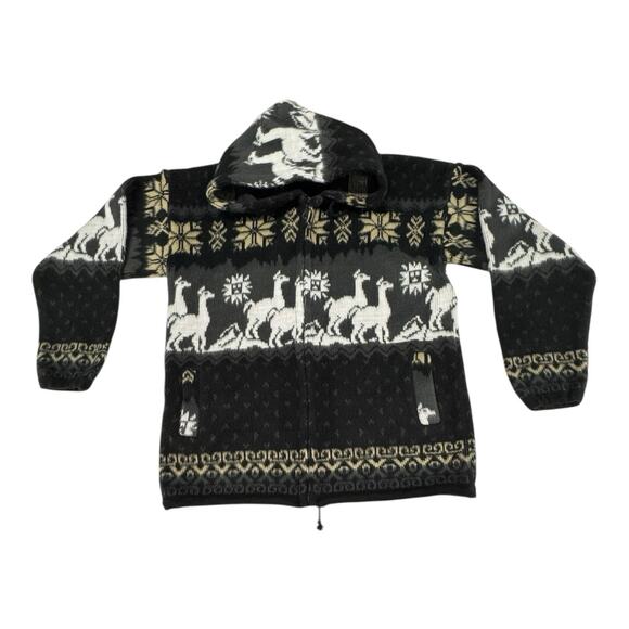 Yari Artesanias Medium Jacket Black Gray Ivory 100% Wool Llama Zip Hood Ecuador - Picture 1 of 10